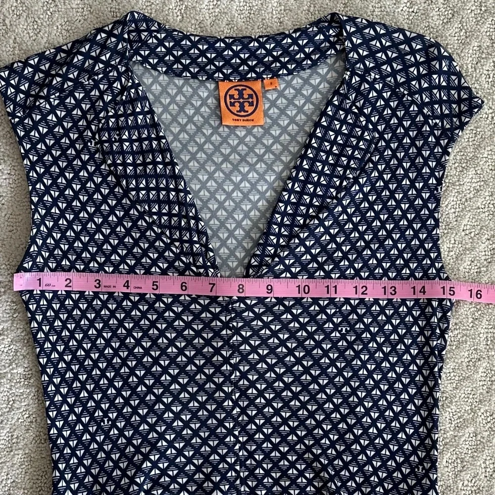 Tory Burch Geometric Print Cap Sleeve Midi Dress Navy/White S Designer Office